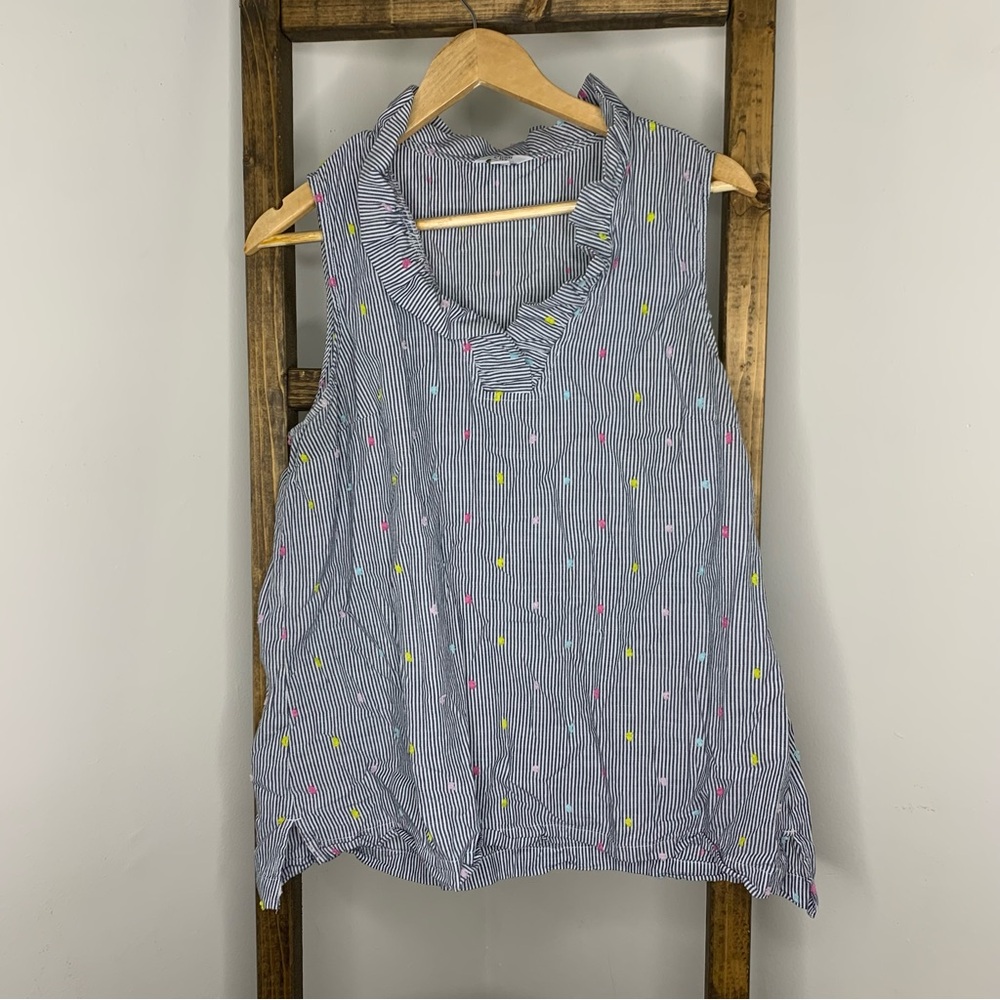 crown & ivy Blue Striped Sleeveless Blouse with Ruffle Neck